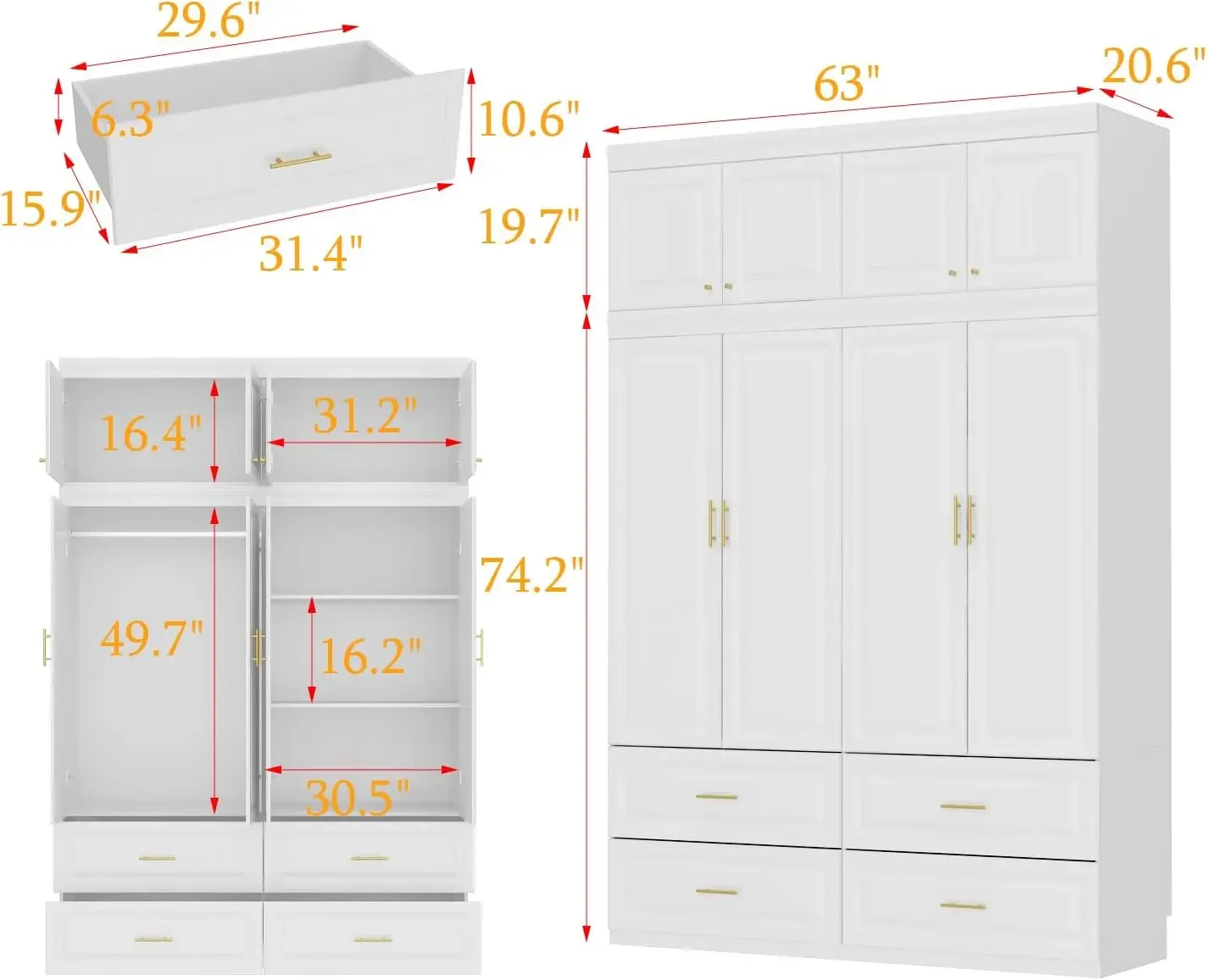 4-Door Wardrobe Armoire with 4 Drawers, Shelves, Hanging Rod, Gold Handles & Top Cabinets, White, 20.6