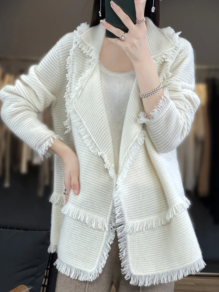 Women\'s Clothing Tassel Coat 100% Merino Wool Suit Collar Cardigan 2023 Autumn/ Winter Small Fragrance Coat Top Fashion Korean