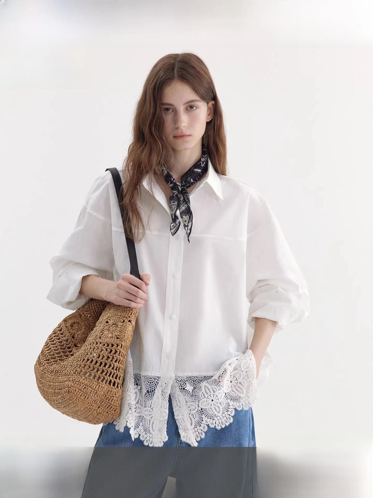 

Fano Early Spring Luxury Long Sleeve Lace Hollow out Loose Shoulder Shirt Women's Fashionable Cotton Commute Style Pure Color