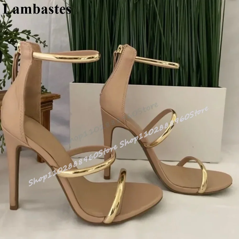 

Nude Leather Metallic Strip Sandals Stilettos High Heel Women Shoes Back Zipper Open Toe Elegant Fashion Banquet Women Sandals