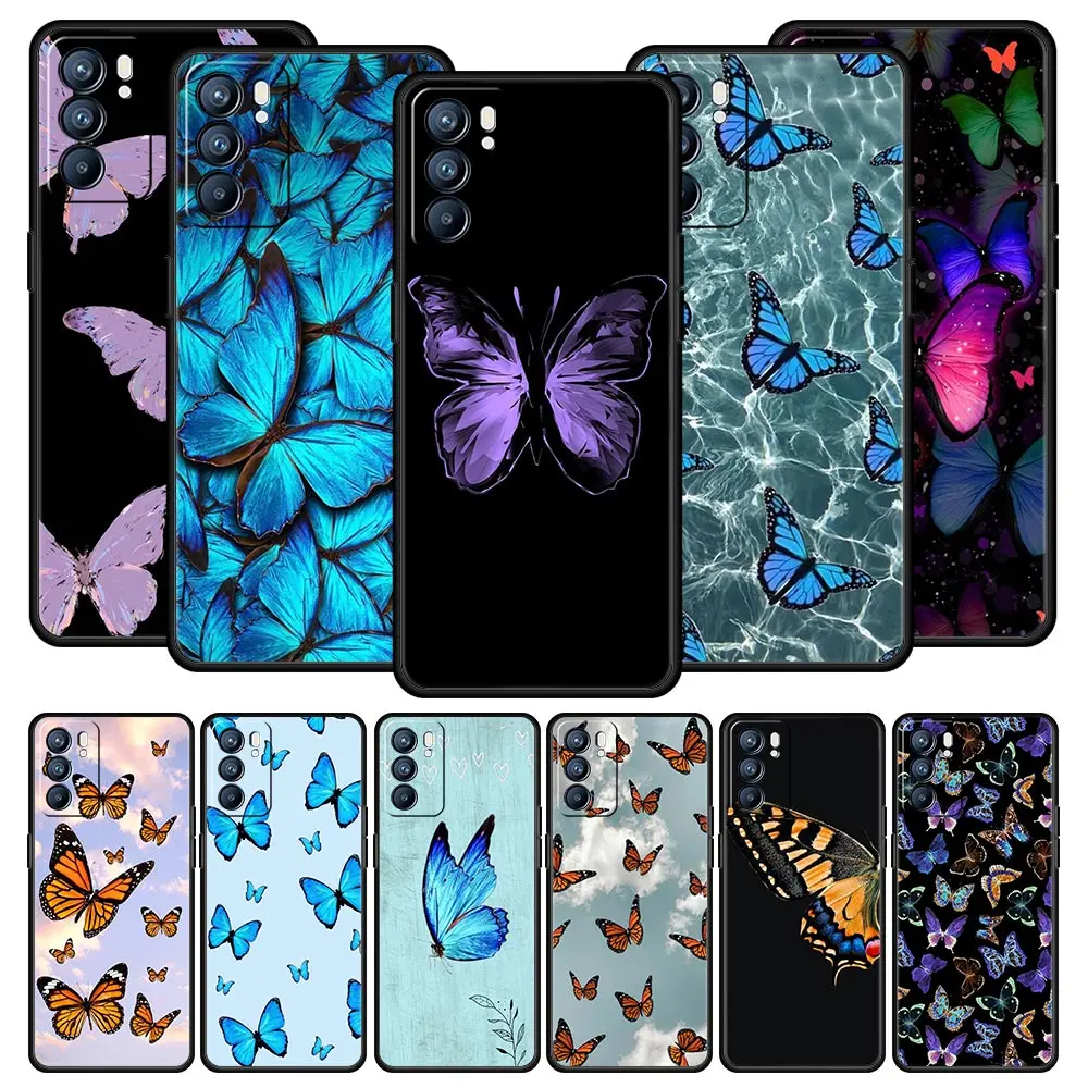 butterfly Phone Case For Oppo Find X5 A54 A53 A52 A9 2020 A15 A95 A16 A76 A74 A12 Reno7 SE Reno6 Pro Plus 5G Soft Black Cover