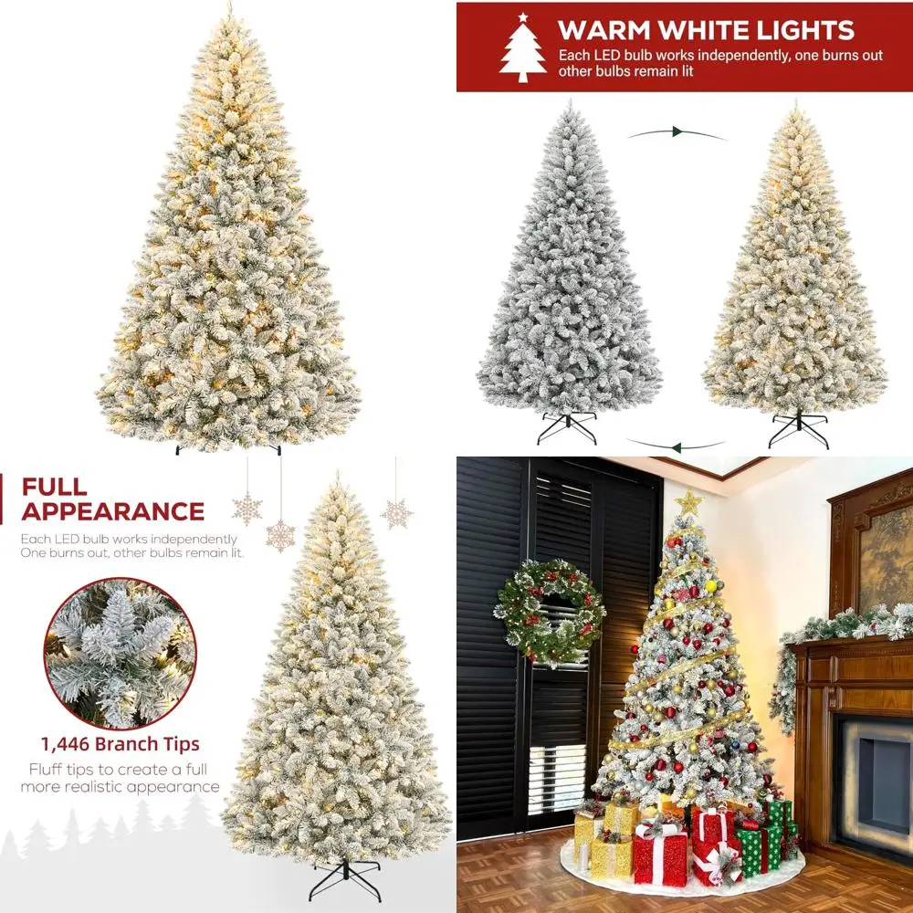 شجرة عيد الميلاد المتدفقة بالثلج بطول 7.5 قدم من هايكوليتي، شجرة عيد الميلاد الاصطناعية مع 450 أضواء بيضاء دافئة، أطراف فرعية 1446، حامل معدني