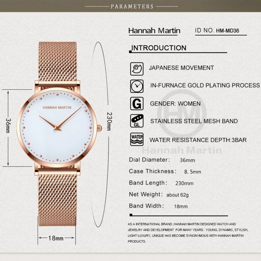 هانا مارتن MD36 العلامة التجارية الفاخرة أزياء المرأة كوارتز ساعة برشام مقياس شبكة من الاستانلس استيل حزام ساعات أنيقة للمرأة