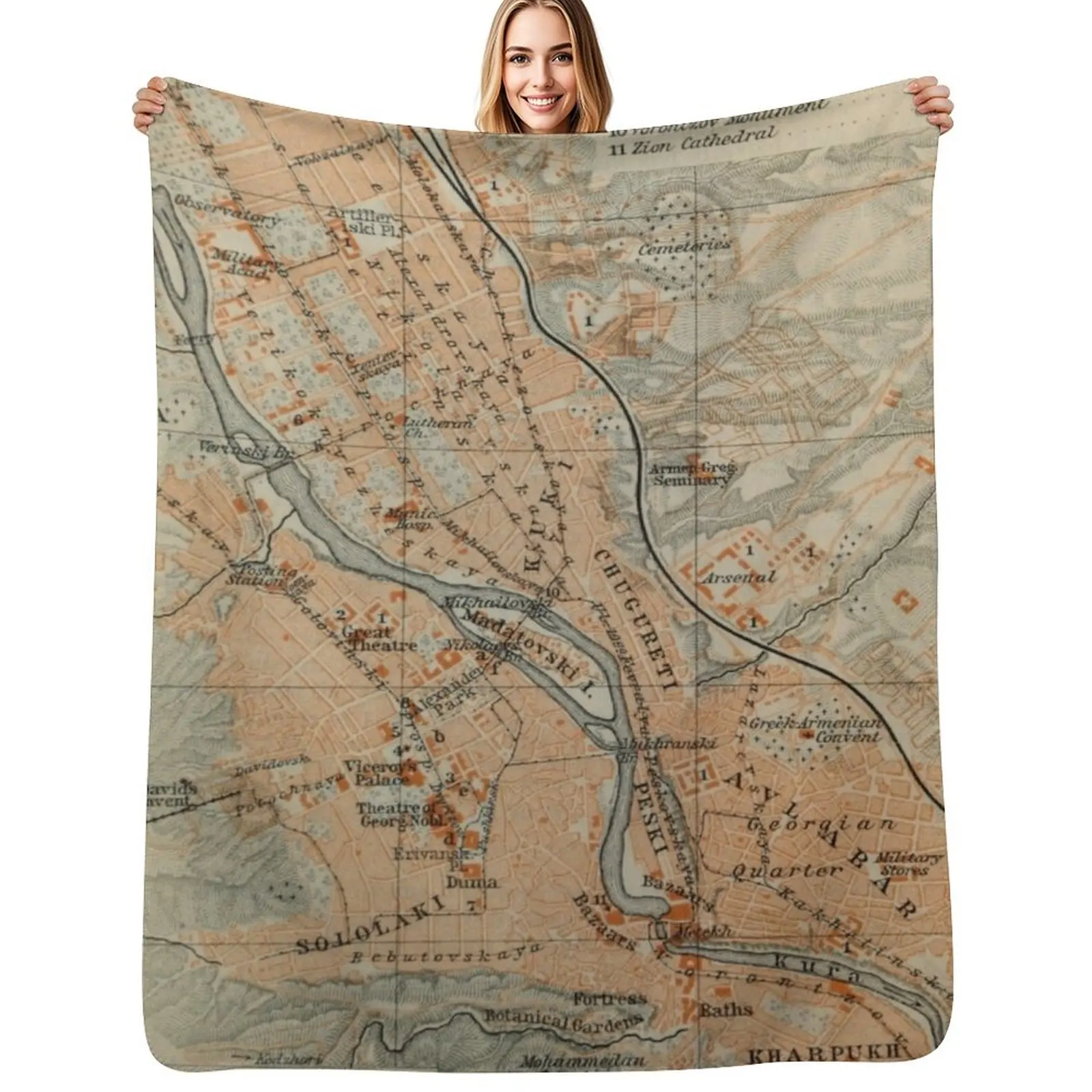 

Vintage Tbilisi Georgia Map (1914) Throw Blanket Fade Resistant Durable Throw Blanket
