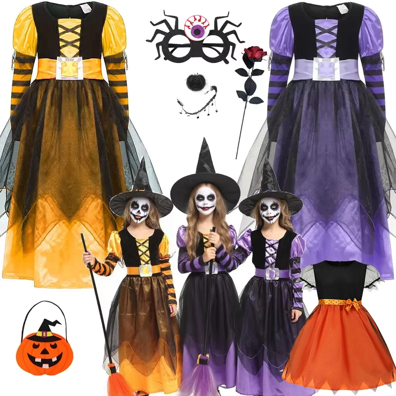 Halloween-Kostüme Rollenspiel Hexen Kleid + Hut Mädchen Märchen Zauberer Kleid Maskerade Kleidung Hochwertige Weihnachtsgeschenke