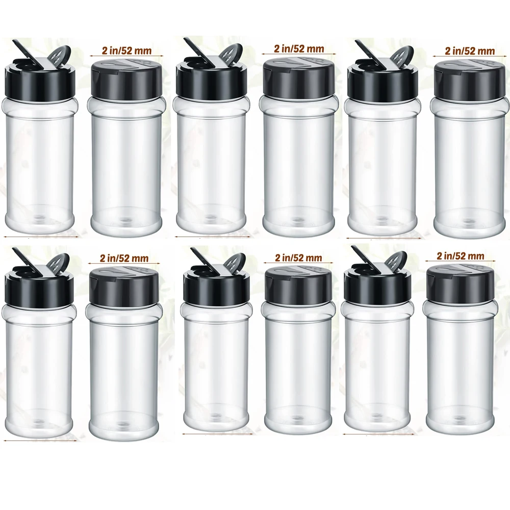 10Pack 170ml Clear Plastic Spice Jars with Black Cap Shaker Lid Safe Storage Containers for Kitchen Organization