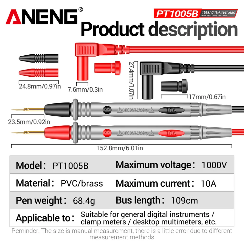 ANENG PT1005B Digital Multimeter Probe Wire 10A Universal Needle Tip Multi Meter Tester Lead Probe Pen Cable Test Leads 1000V