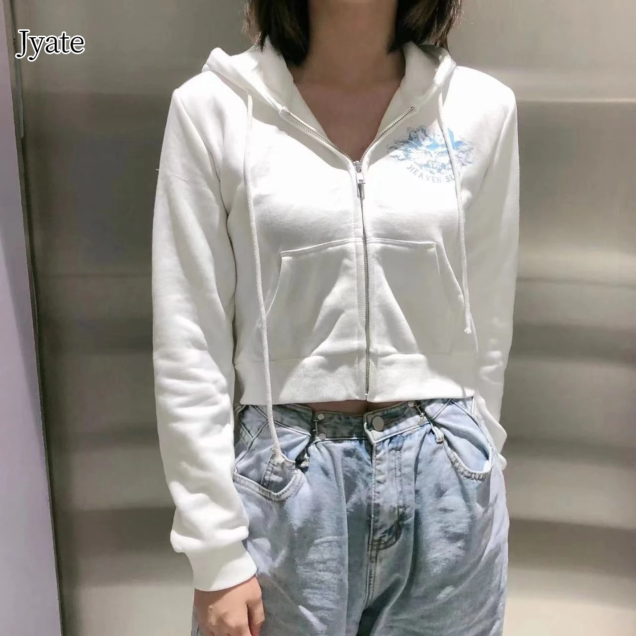 

Jyate 2024 New Spring American Retro Short Hooded Angel Print Sweatshirt Hoodie Cardigan Zipper Top Jacket For Women Clothing