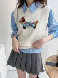 Korean Cartoon Embroidery Knitted Vest Women O Neck Sleeveless Pullover 2025 Autumn Winter Sweet Overlap Waistcoat Sweater Tops