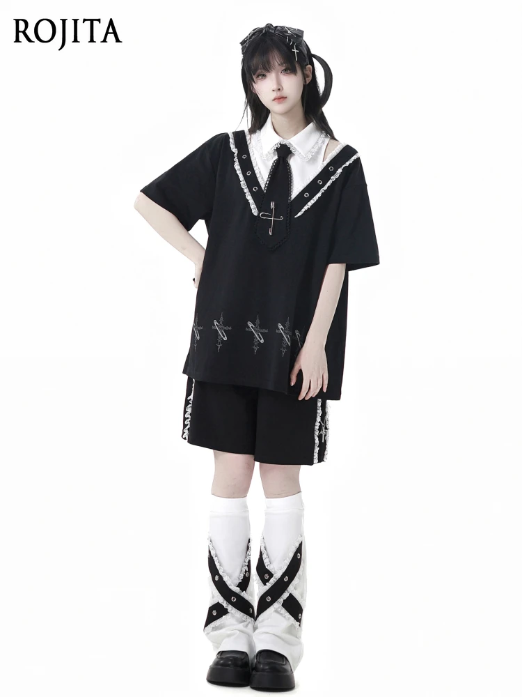 

Cute Big Swing Hoodies Dress Summer Japanese Design Sense Shirt Collar T-shirt Women Lace Shorts Straps Leg Cover