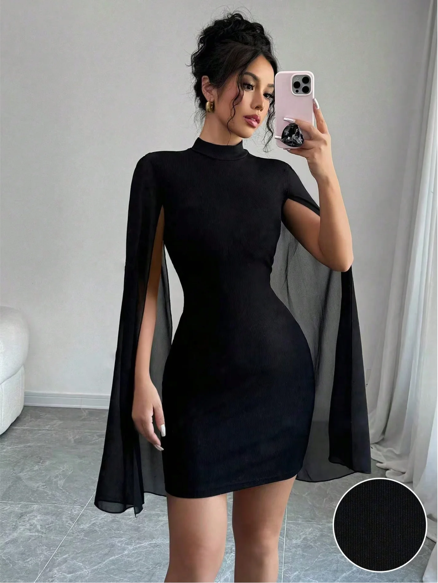 Sexy Damen-Minikleid mit Stehkragen, Cape, glitzernd, für Club, Party, Ausgehen, figurbetont, elegant, Herbst und Winter