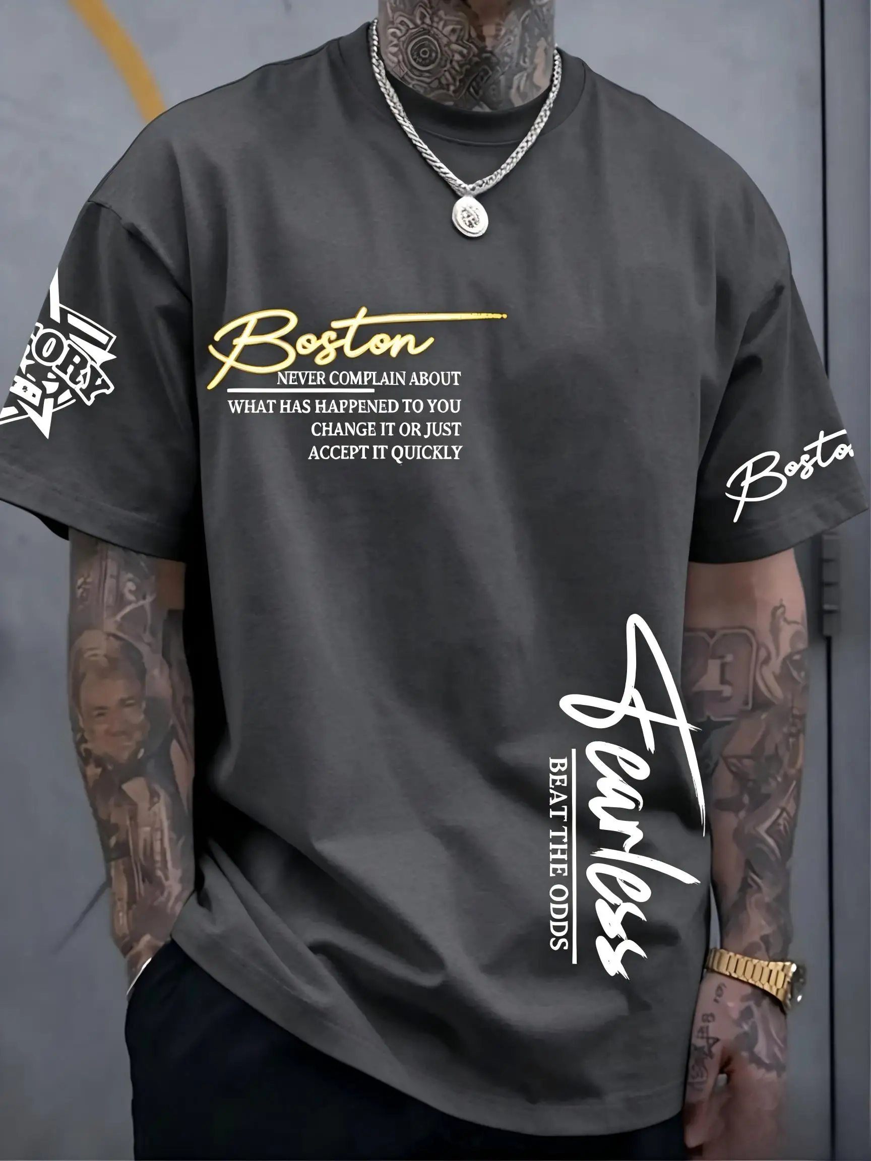 New American men's summer Boston letter graffiti print comfortable and breathable round neck T-shirt outdoor urban street top