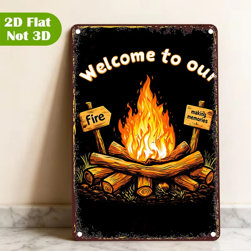 2D Flat 1Pcs Warm Tone Metal Tin Sign, Campfire Pattern Decorative Plaque 20x30cm, Wall Art Decor for Home Cafe Restaurant Garag