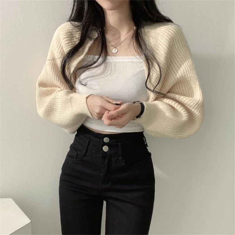 Women Autumn Open Front Shrug Long Sleeve Cropped Cardigan Sweater Lady Daily Casual Solid Color Outwear Jacket Short Shawl Tops