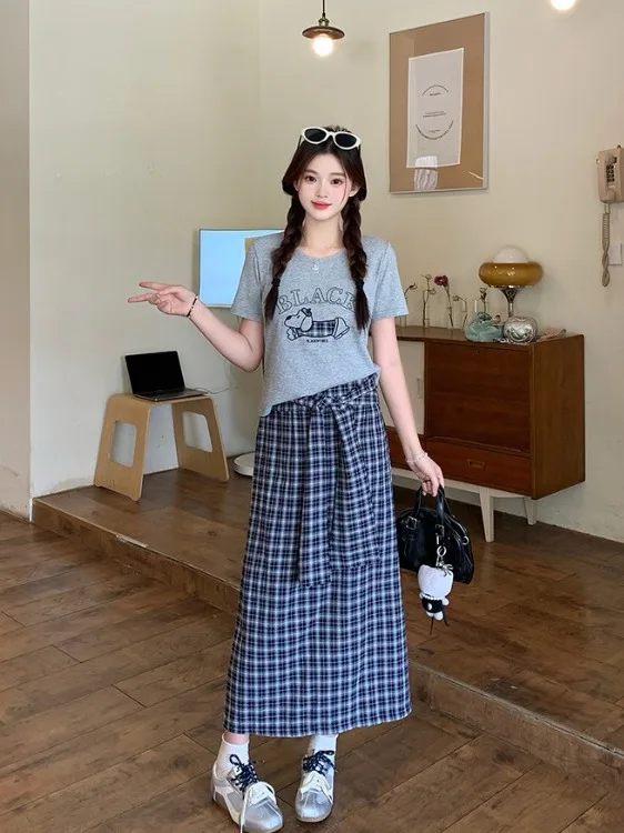 

plus Size Casual Cartoon Print ort Sve T-irt Women's High Waist Belted Plaid Skirt Summer New Sle Korean Version