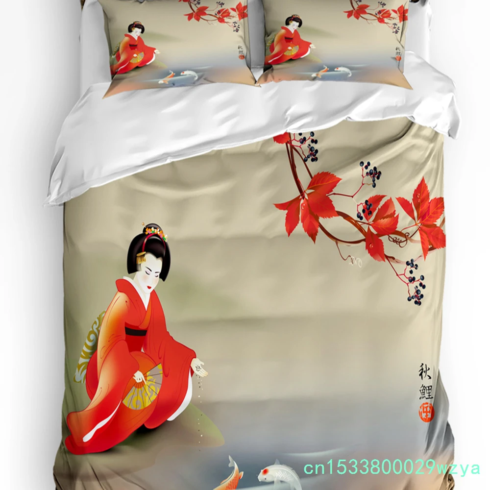 Japanese Geisha Carp Maple Leaf 3pcs Bedding Set For Bedroom Double Bed Home Textile Duvet Cover Quilt Cover Pillowcase