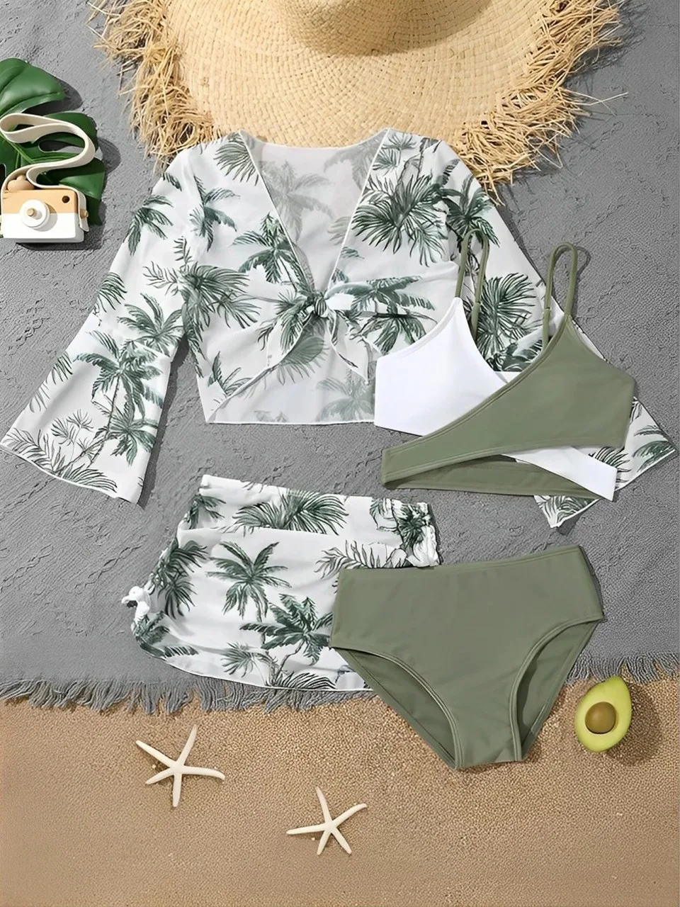 4 Pieces Strappy Bikini Set Top & Skirt 2026 Girls Swimsuit Kids Cross Swimwear Children Bathers Bathing Swimming Suit Beachwear
