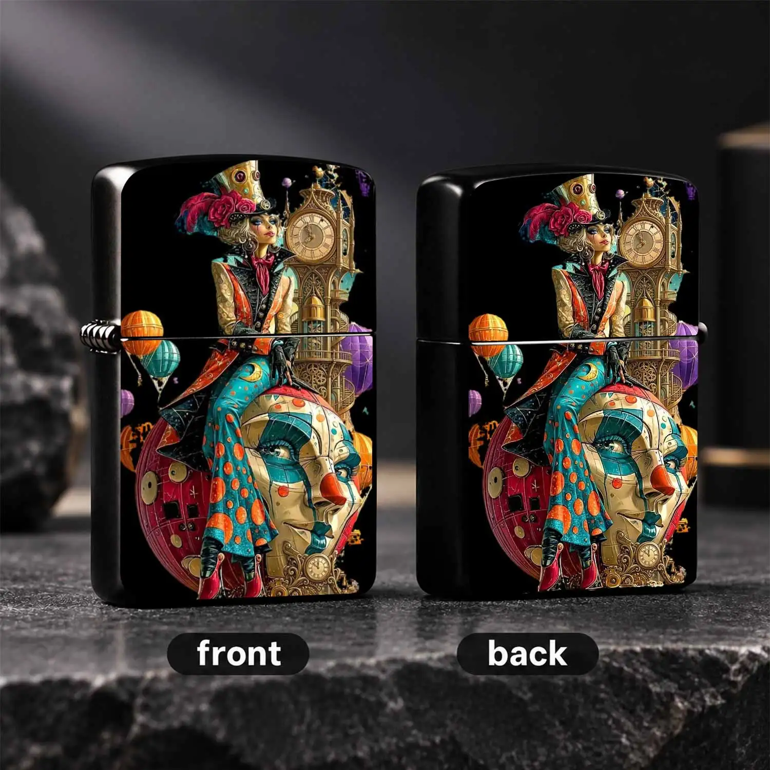 Steampunk Circus Lady Printed Lighter, Whimsical Clock Tower Hot Air Balloon Art Decor, Creative Portable Daily Use Accessory, Unique Artistic Collectible Gift For All Occasions, Exquisite Fantasy Themed Practical Ornament For Gifting And P