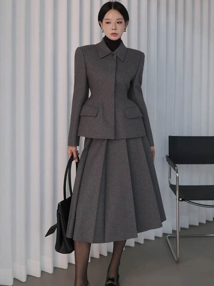 Faionable High Waist Suit Set Women's Winter Woolen Jaet And f Skirt Ensemble Commute Sle Suitable for Various Occas...