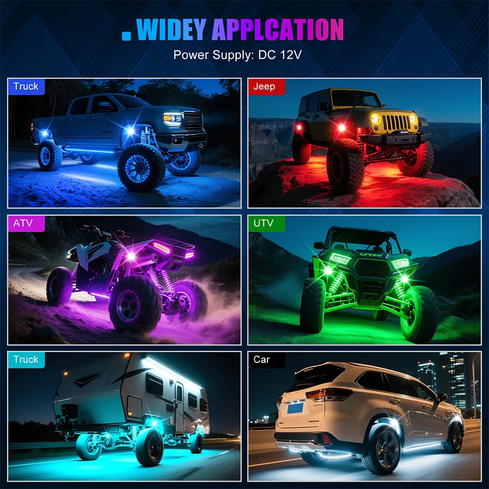 Lampu Neon Bawah Bodi Suasana Dekoratif Otomatis Kontrol Suara Jarak Jauh Aplikasi RGB 12V Lampu Neon Bagian Bawah Bodi Mobil LED Simfoni