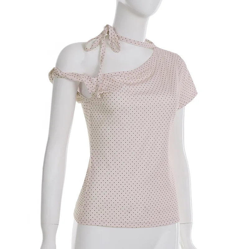 Damen Polka Dot Rückenfreies Neckholder-Top mit Knoten, Eng Anliegend, Kurzarm, Lässige Streetwear, Sexy Modisches T-Shirt-Oberteil – Detail 9