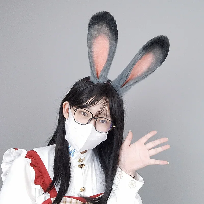 HN8 tocado de Cosplay de conejo gris, diademas de orejas largas de felpa de Navidad para niña Lolita, diadema de Halloween, fiesta de disfraces) 4Dc