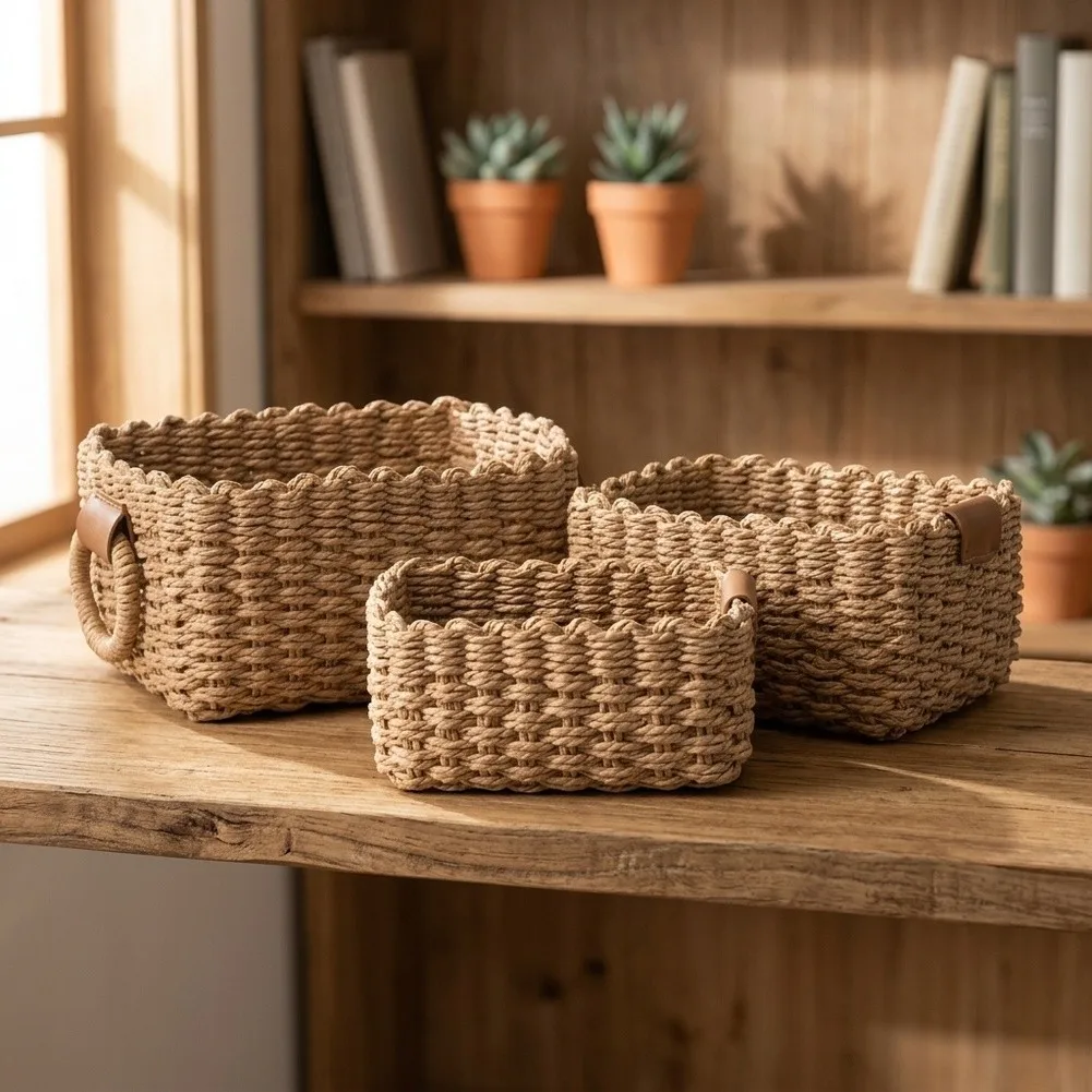 3pcs Storage Holders Set Made of Paper with Faux Leather Tags for Labeling and Easy Transport Desert 26x19x12 cm