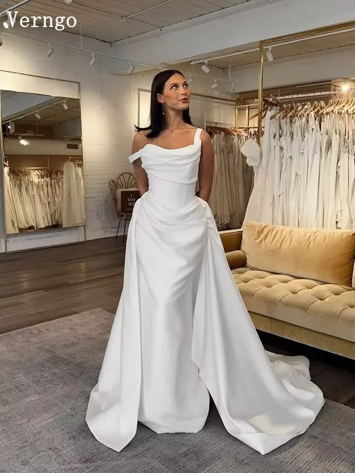 Verngo lvory Satin Wedding Dress Classic Spaghetti Straps Mermaid Sweap Train Bridal Gowns Women Elegant Bride Dress Customized