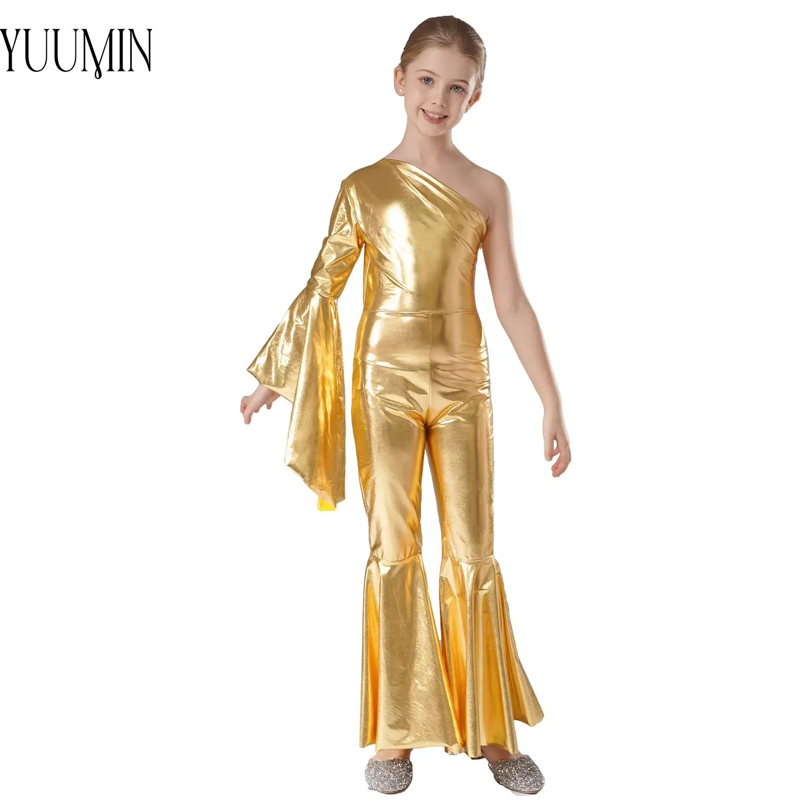 Kid Girl Fashion Metallic Shiny Bell-Bottom Dance Jumpsuit One Shoulder Flare Sleeve Bodysuit Carnival Party Performance Costume