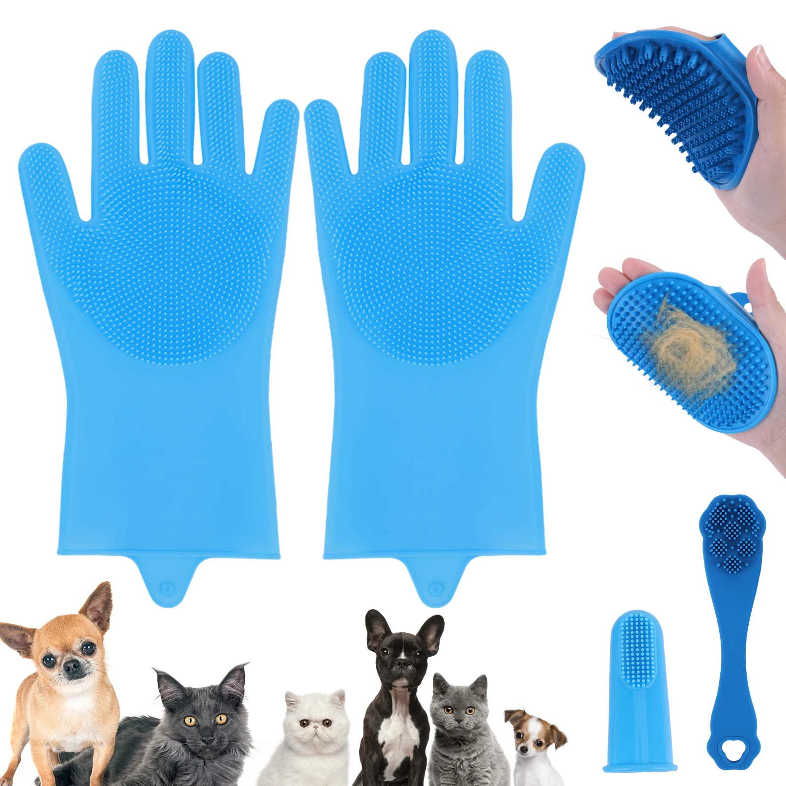 Kit de aseo para mascotas, guantes de silicona para lavado de perros, cepillo de baño para perros, cepillo de champú para perros, guantes de aseo para mascotas, suministros de baño para perros y gatos, 6 uds.