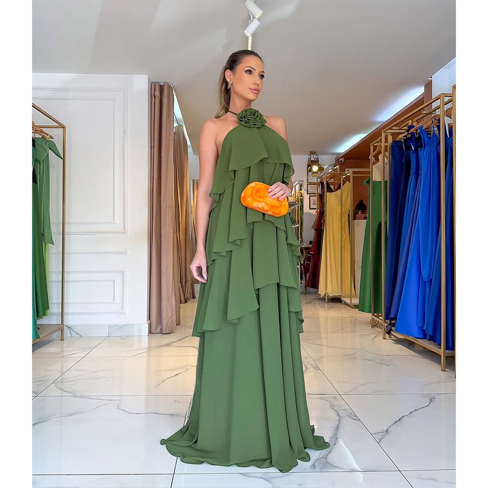 فستان حفلة موسيقية أنيق من الشيفون الأخضر مخصص على شكل زهرة رسن بدون أكمام على شكل حرف A فساتين سهرة طويلة بدون ظهر للحفلات