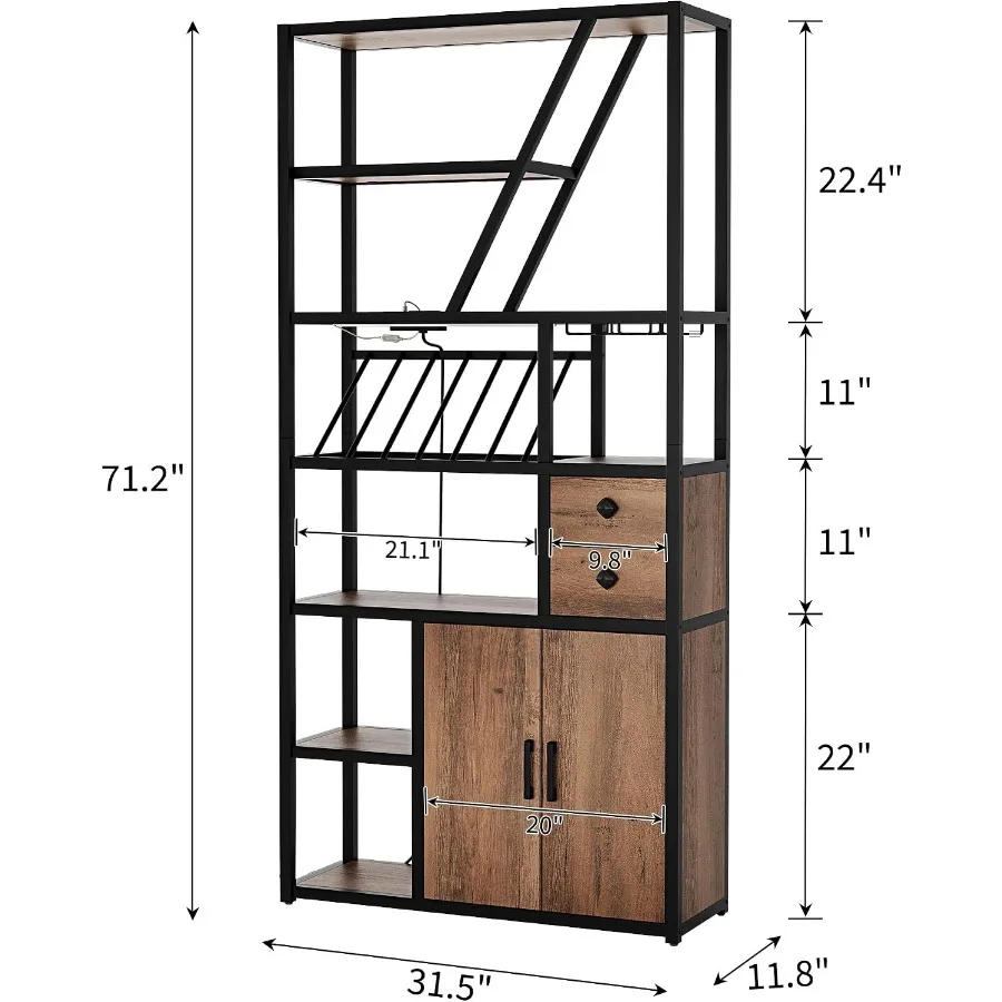 Modern Tall Bar Cabinet with LED Lights, Power Outlets and Wine Rack Glass Holder, Bakers Rack, Coffee Bar and Microwave Stand