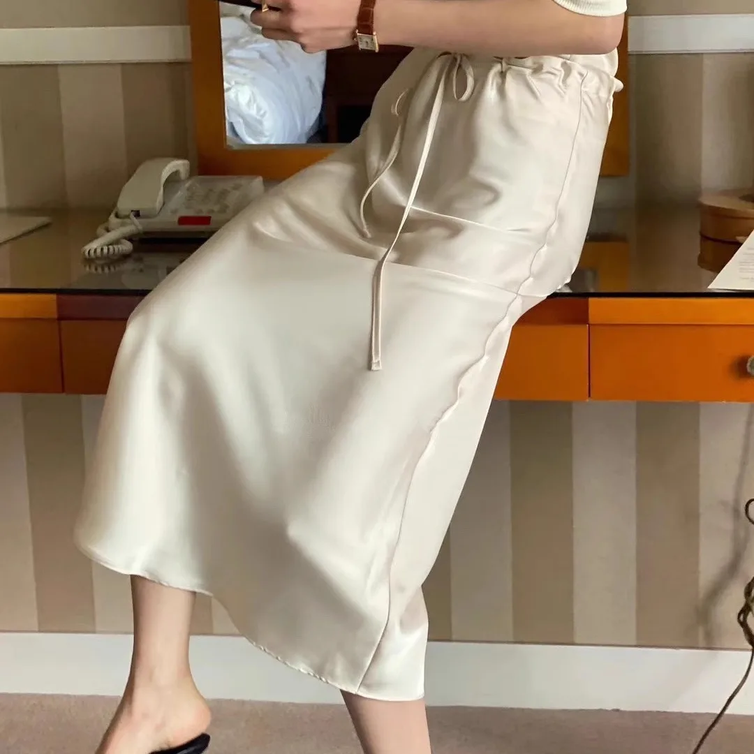 

Ele Pure Color Silk Smooth Belted Midi Skirt Versatile Commute Simple Design High Waist Slim Fit Daily Wear Summer 2025