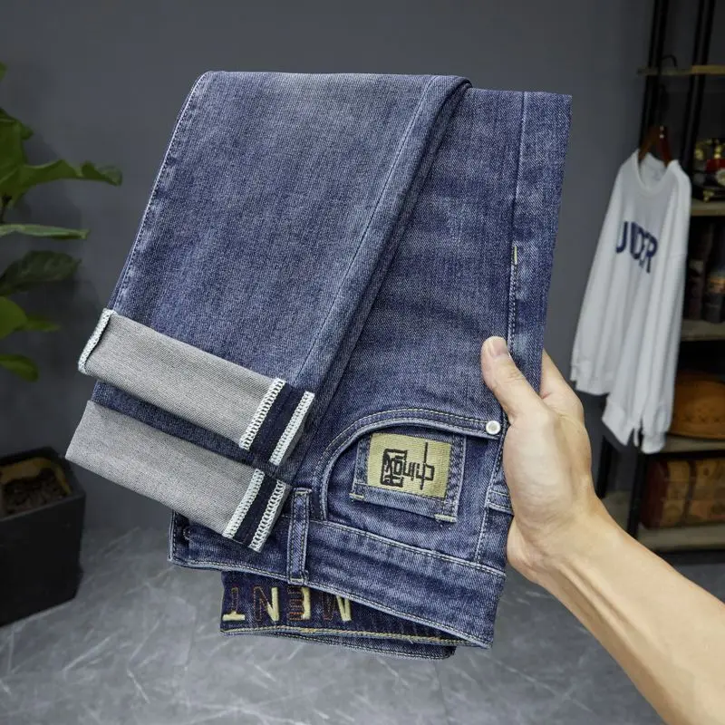 

Blue Slim Fit Straight Leg Men's Jeans Elastic Casual Long Trousers Faionable Youthful Sle mid Waist Zipper ket