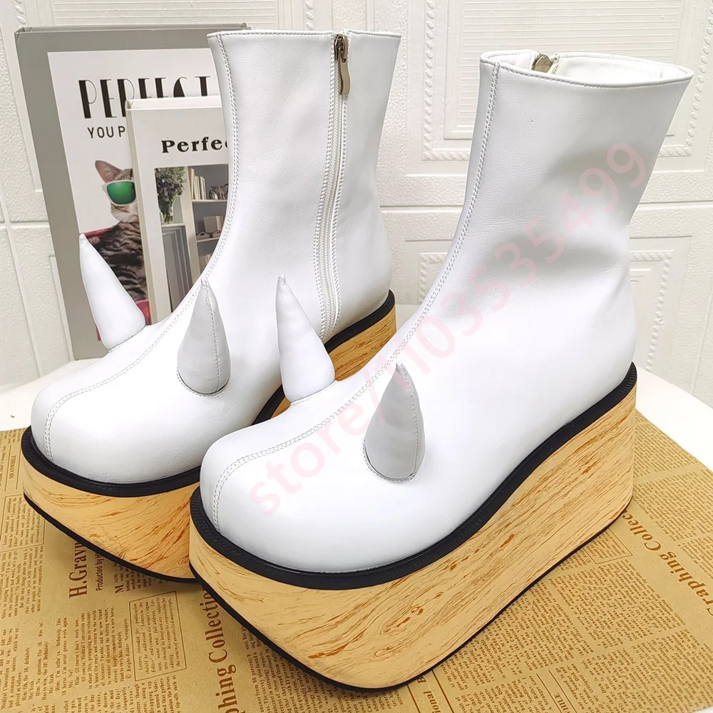 Thick Sole Wood Grain Devil Horn Short Boots 2026 Autumn New Round Street Punk Rock Fashion Party Casual Stage Performance Boots