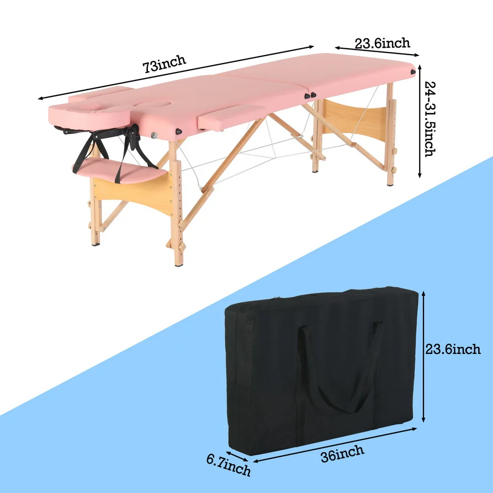 Mesa de masaje de belleza, cama de 2 secciones, pierna de haya plegable, 186x60x60CM, altura ajustable, versátil, portátil, rosa/blanco [US-Stock]