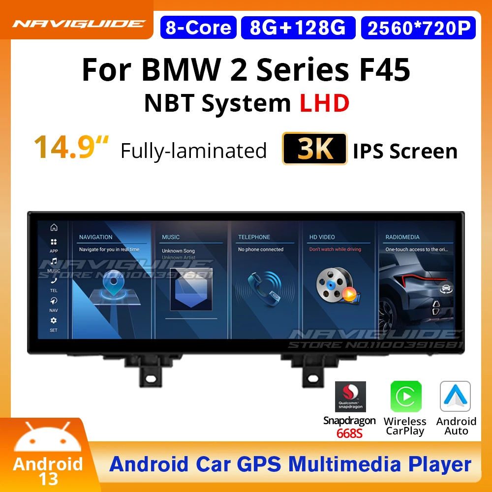 

NAVIGUIDE 14.9'' Android13 Wireless Carplay Auto For BMW 2 Series F45 LHD NBT System Car Multimedia Player GPS Navi 4G WIFI BT