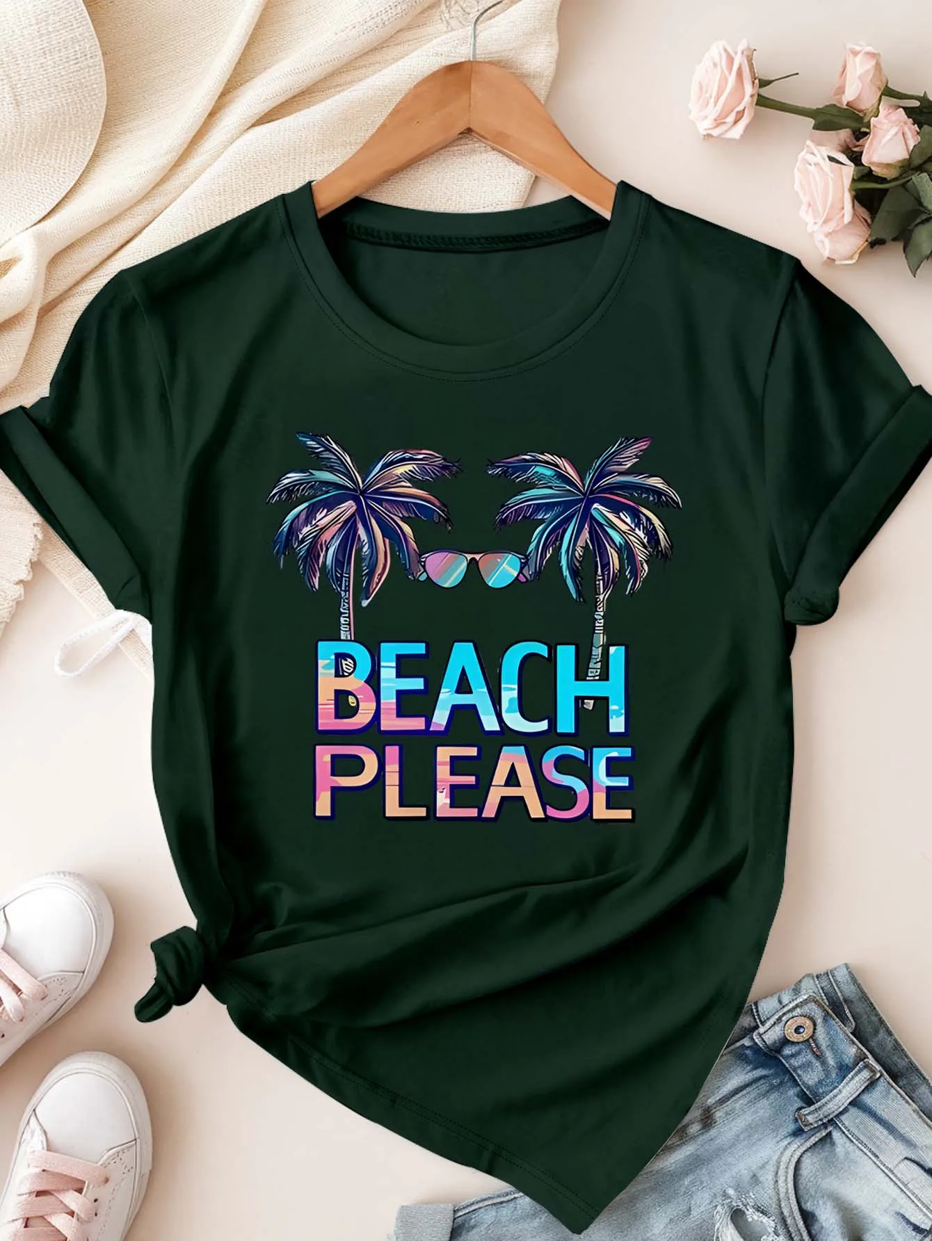 Plus Size Beach Please Palm Tree Grafik-T-Shirt für stilvolle Beachy Vibes