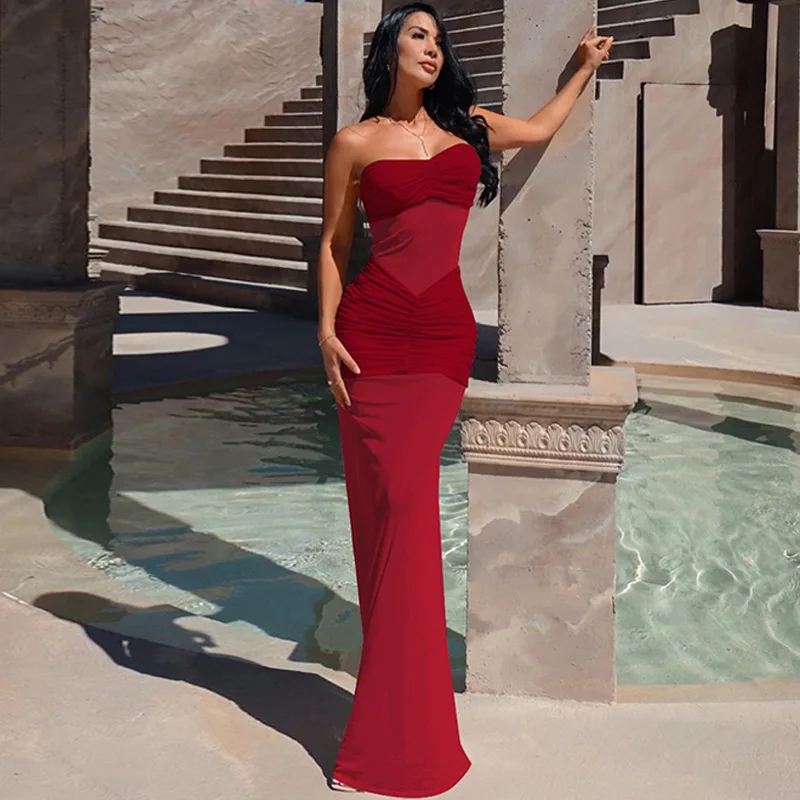 

Summer Mesh Splicing Sexy Sleeveless Dress Women's Strapless Skirt Evening Dress with One Collar Perspective Design 2025 New