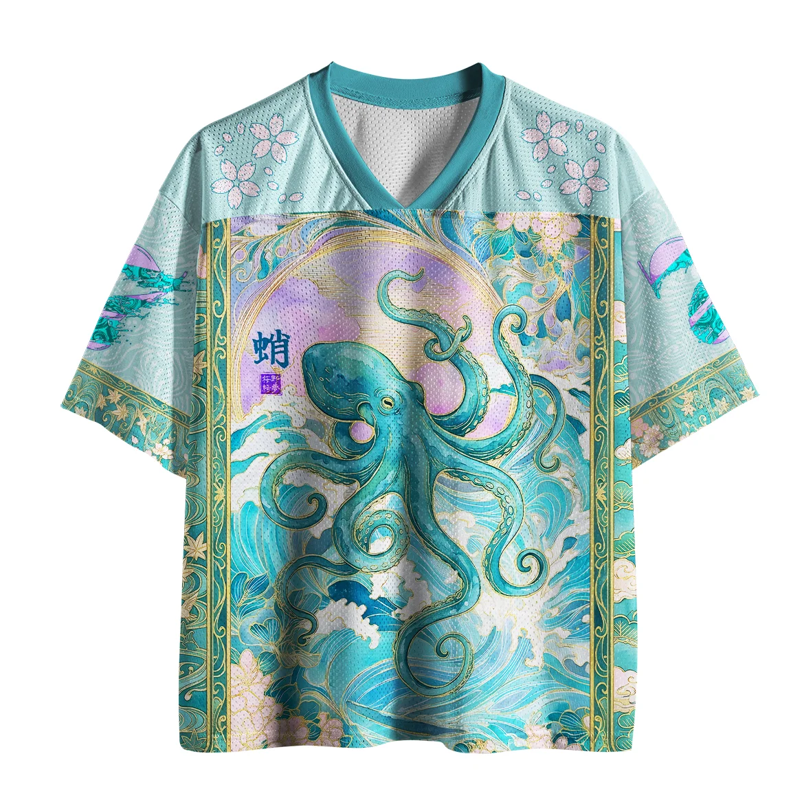 Nouveau T-shirt Unisexe Col V Ample Respirant à Manches Courtes en Maille Imprimé 3D Vague Ukiyo-e Japonaise avec Pieuvre