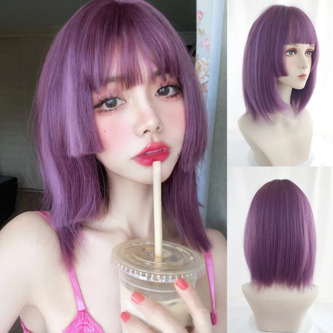 RANYU Synthetic Hair Short Straight Bobo Wig For Female Role Play Lolita Wig Princess Cut Purple Vertical Medium Long Hair Heat