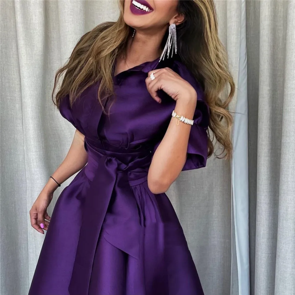 Bafftafe Grape Simple Vintage Satin Formal Evening Dresses Arabic Half Sleeves V Neck Ankle Length Women Outfits Wear Prom Gowns