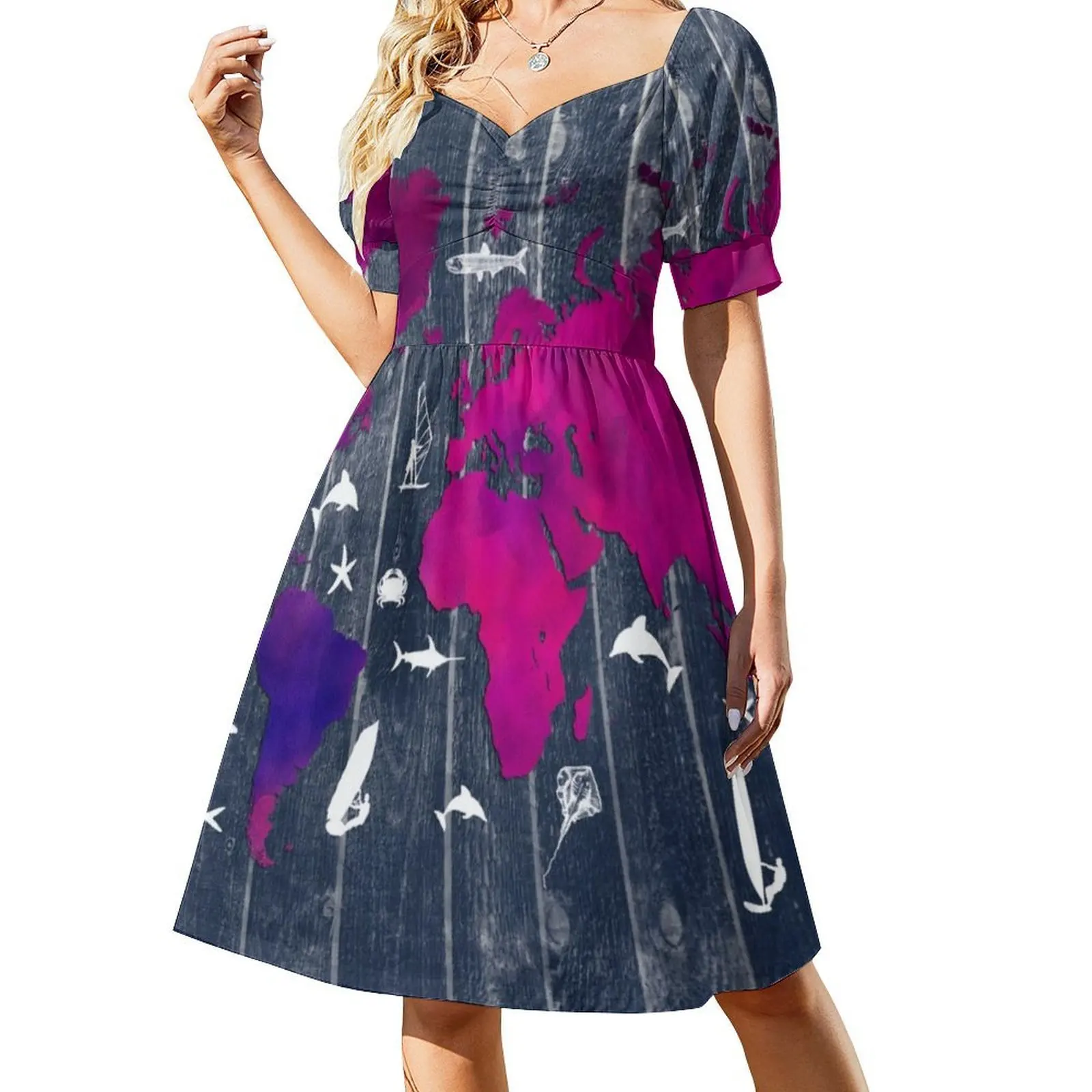 خريطة العالم 99 سمكة وركوب الأمواج # خريطة العالم # فستان على الطراز الكوري للنساء فستان كاجوال أنيق للحفلات أو خريطة الارتداء اليومي