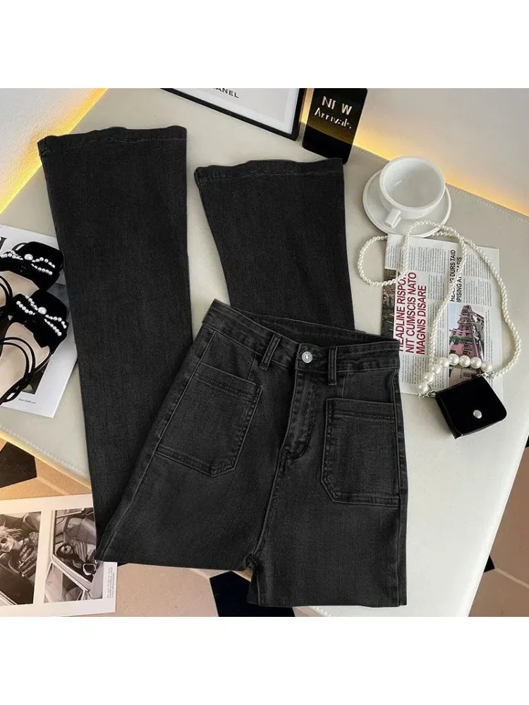 Korean Streetwear High Waist Flare Denim Pants Women Straight Jeans Spring Fall Casual Vintage Pantalones Slim Vaqueros Pockets