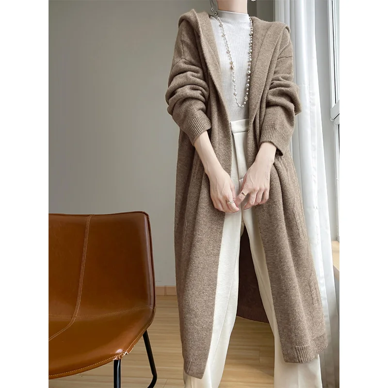 

Women Open Cardigans With Hat 100% Autralian Wool Knitting Coat Plus Long Knitwears Free Ship