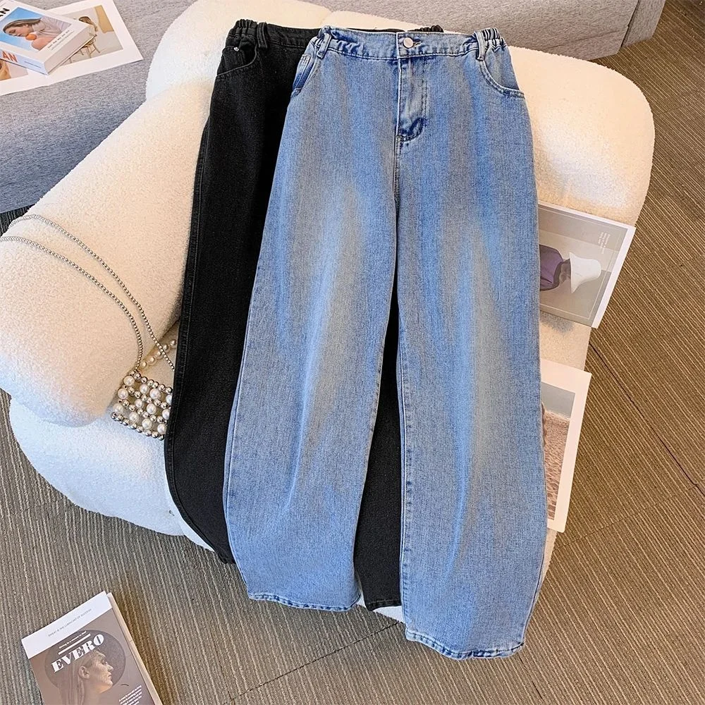 

plus Size Women's Classic Casual Jeans Spring Autumn Faion Ladies Premium Denim High Waist Straight Leg Blue Color