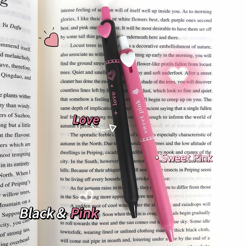 5PCS/Set Love Heart Gel Pen For Students Button Gel Ink Pen 0.5MM Black Refill Writing Pen Quick Dry Neutral Pen School Supply