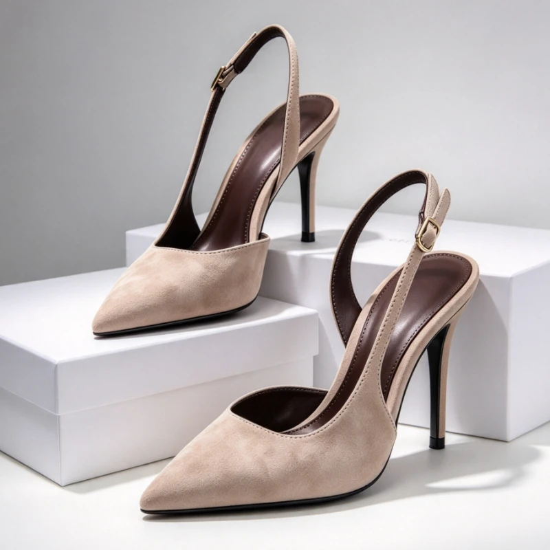 Faux Suede Pointed Toe High Heels Women Metallic Buckle Detai Elegant Slingbacks Shoes Sexy Sandals for Women Sandalias De Mujer