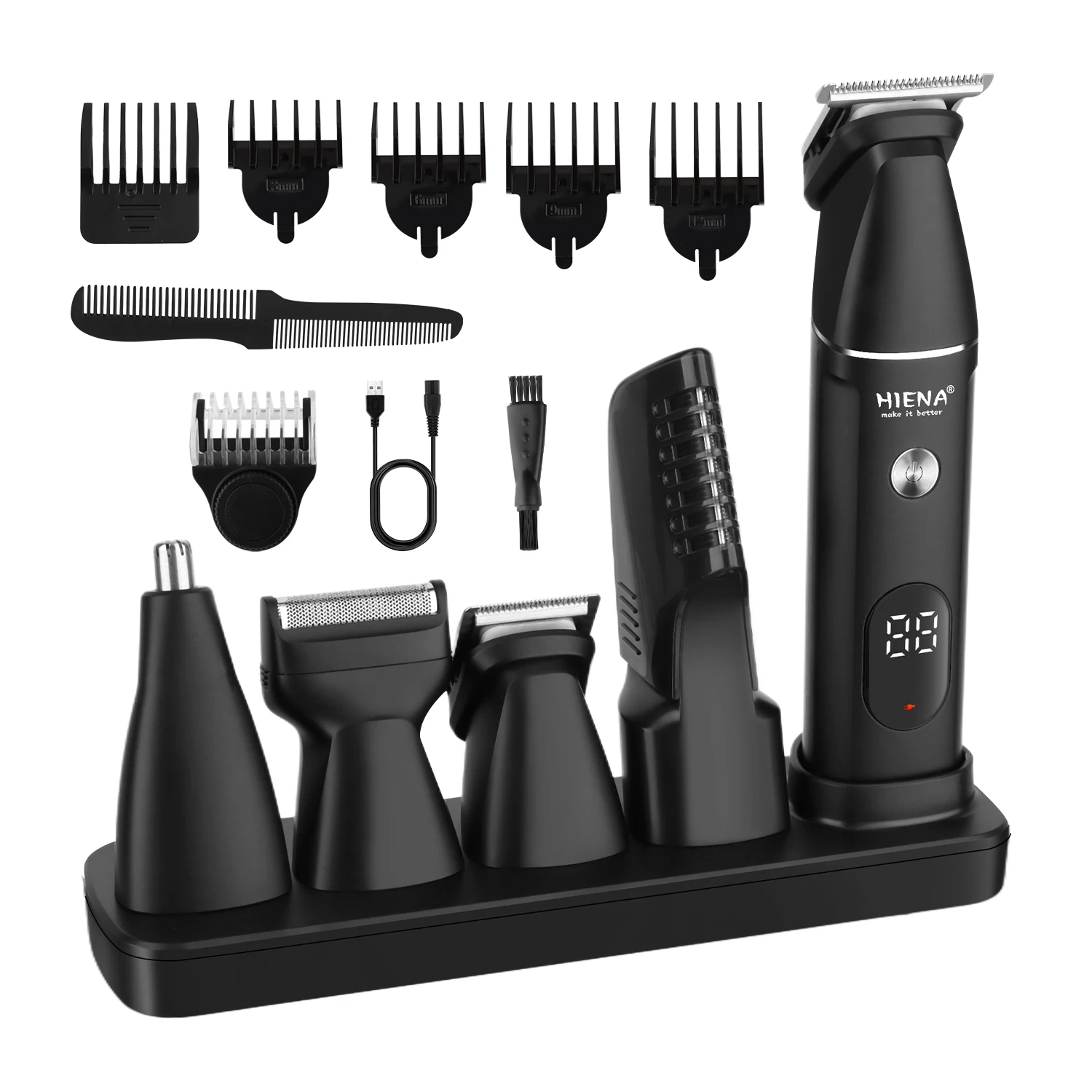 HIENA Professional Multifunctional Hair Clipper Set, R-Type Adjustable Blade, Cordless Barber Clippers with LED Display, Ear and Nose Hair Trimmer, 6 Guide Combs, Rechargeable Electric Grooming Kit for Men, USB Charging, Haircut Clippers