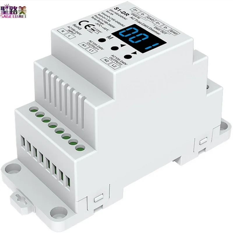 S1-DR 2CH*1.5A AC100V-240V DIN rail 2 Channel AC Triac Phase-cut DMX Dimmer Dual channel output Silicon DMX512 LED controller